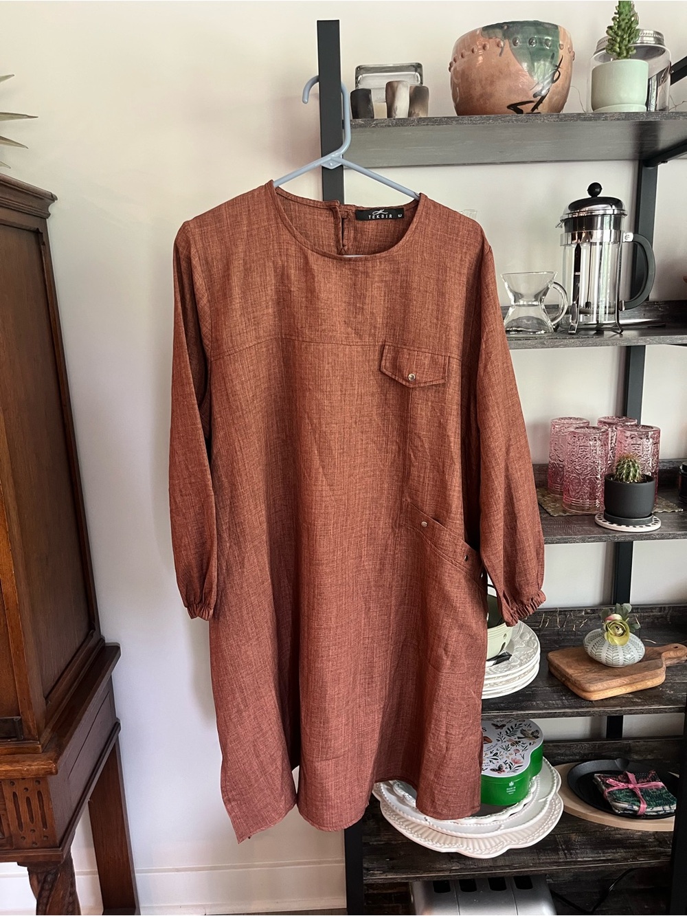 Tekbir Rust Orange Linen Like Look Long Sleeve Tunic Dress Terracotta 52 Euro